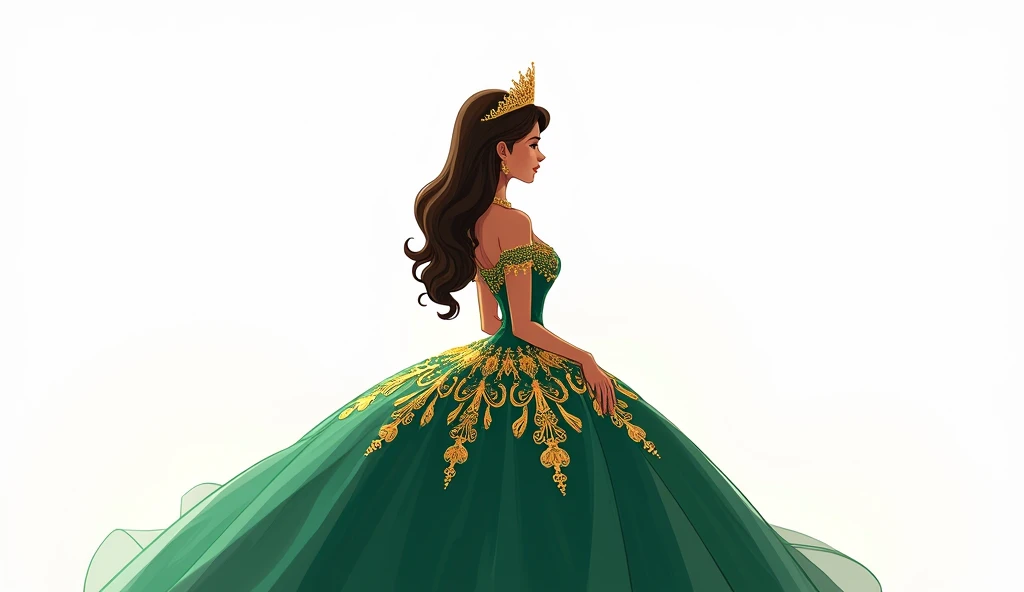 Make an animated illustration on a white background, of a quinceañera dressed in a majestic emerald green dress with gold details. The quinceañera is facing away, looking slightly to the right.. The design is elaborate and elegant, with a style worthy of royalty and high society, highlighting the young woman&#39;s social status. The dress has a neckline that reveals the high back and shoulders., with gold embroidery that stands out against the green background. The skirt is wide and voluminously adorned with the same golden details.. Her hair, dark brown, It is combed in soft waves that fall over her back.. besides, She wears a golden crown that completes her royal and sophisticated look., which makes her look like a princess on her special day.