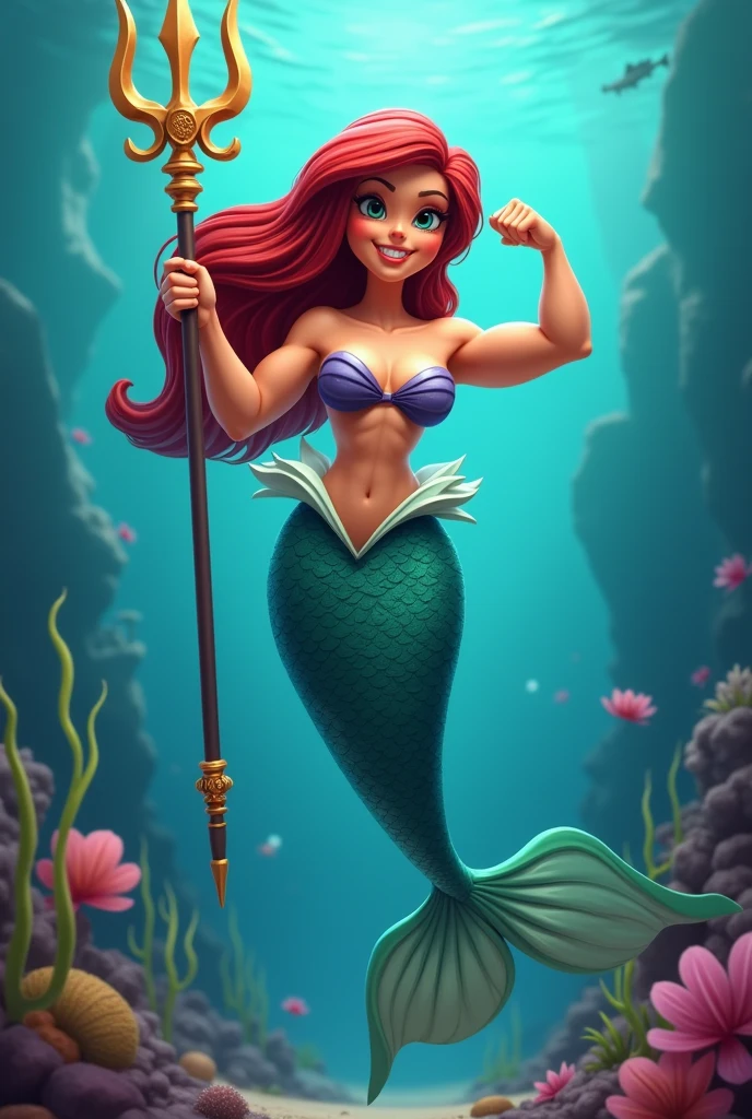 Cartoonish, Pixar-style, pumped-up mermaid, Holding the trident, more muscular, showing the biceps