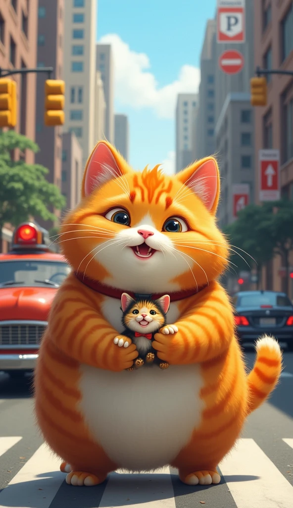 Fat cat faces unexpected traffic while picking up his kitten and must find a quick solution.