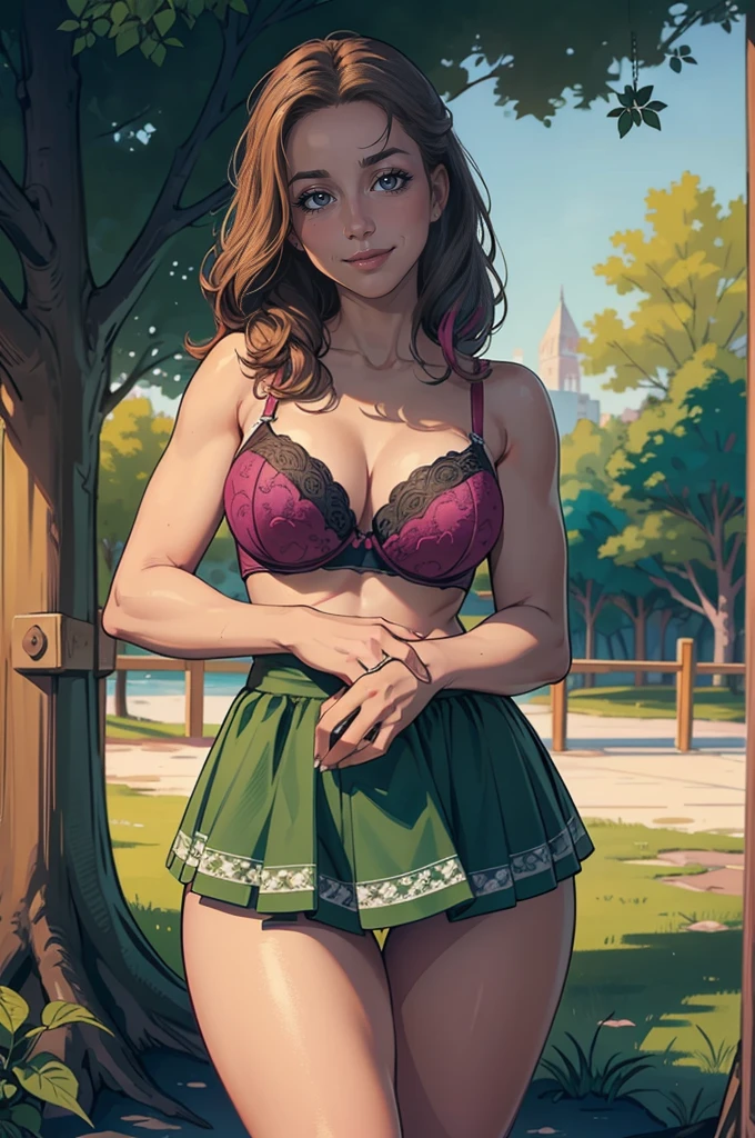 a beautiful young girl in a park, wearing a short mini skirt and a bra, looking playful and coy, intricate detailed face, long eyelashes, delicate features, flowing hair, colorful nature background, sunlight filtering through trees, vibrant colors, soft bokeh, highly detailed, photorealistic, 8k, cinematic lighting, masterpiece
