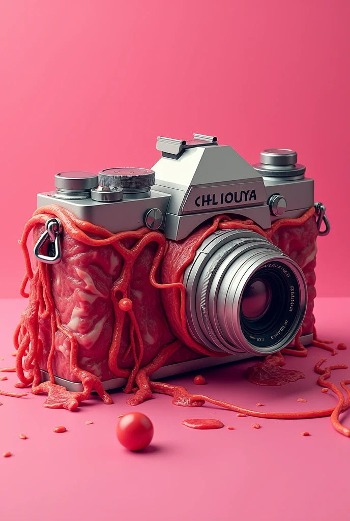 camera made of meat drawing style with red bubblegum background frontview