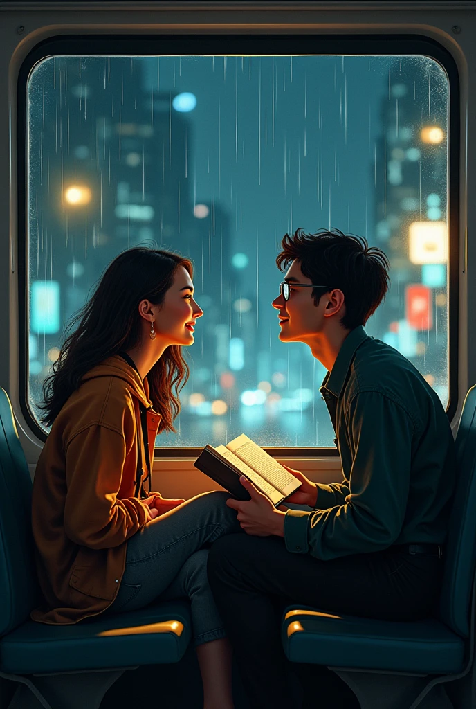 Generates the image of a love story, In this image I want: First Meeting on the Train: A train in a rainy city at night, with Elena,  a young photographer with brown hair and a wide smile, with camera hanging around the neck, sitting in the car, while matting, a young man reading a book of poetry, with glasses and somewhat messy hair is reflected in the window. Create the image with a wide shot and a low angle shot, clean and strong colors, realistic image