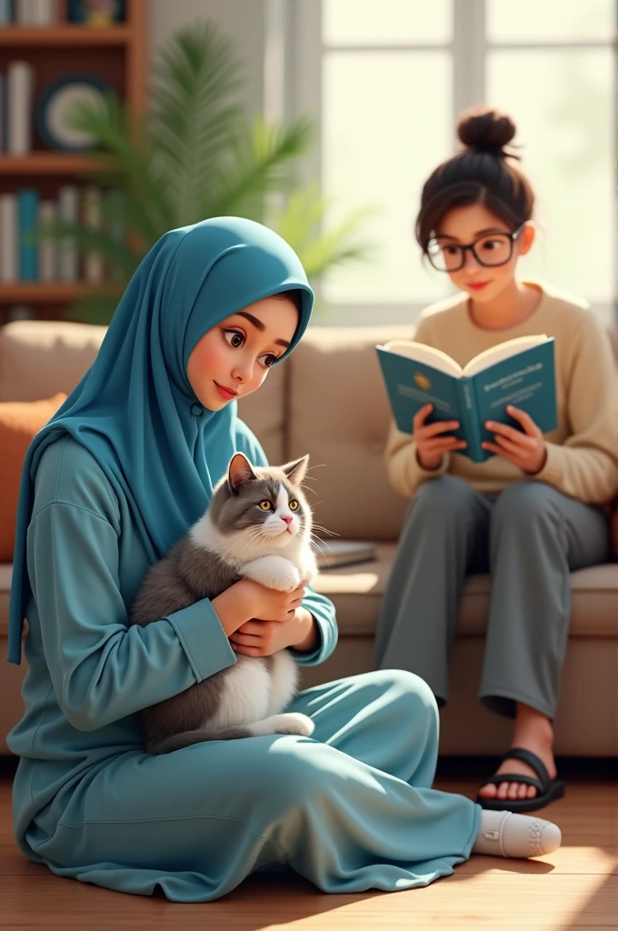 Une fille avec hidjab bleu ciel prends un chat blanc et gris et ragrde son ami qui a une tête rectangle et porte des lunettes carrées avec des sandales noires, un pantalon large gris et une chemise demi manche et lis un livre sur l'électronique
