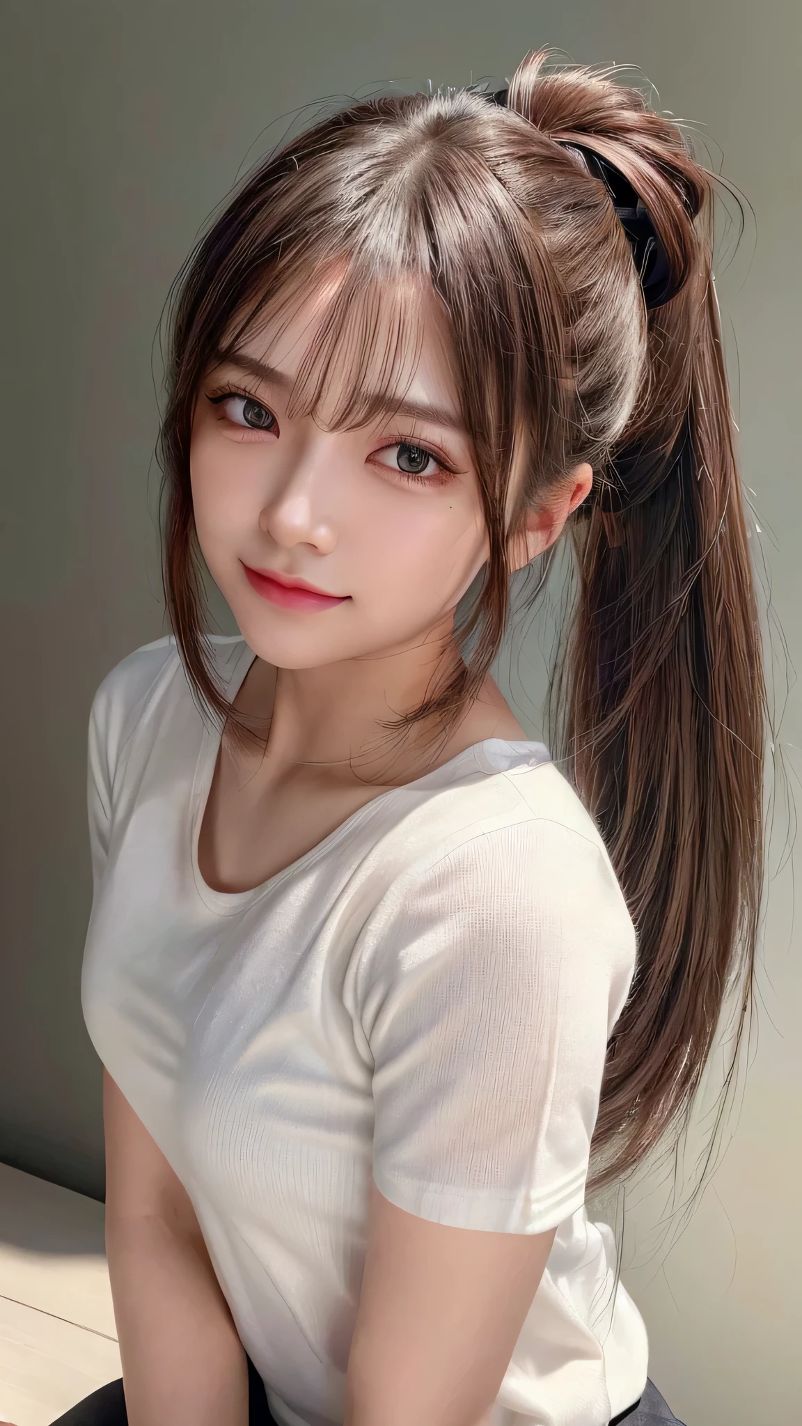Full body shot,White T-shirt,Half pants,Stand straight ahead,Background is black wall wall,Ultra-detailed, finely detail, hight resolution, 8K Wallpaper, Perfect dynamic composition, Beautiful detailed eyes,,Close-up of face,,Blushing,Facing forward,Long hair ponytail,((8k, Raw photo, Best Quality, Mastepiece:1.2), (Realism, Photorealistic:1.4), (Highly detailed 8K wallpapers), Depth of written boundary, Cinematic Lighting, Soft Light, Detailed Beauty Eye,Shiny and smooth light brown ponytail, Asymmetrical bangs, Shiny skin, Ultra-detailed skins ,It is high resolution., High detail, Detailed hairstyle, Detailed facial beauty, Hyper-realistic, Perfect limbs, Perfect Anatomy ,Of Japanese,Famous Japanese Idols, Perfect female body,A shy smile,Short eyelashes,Double-edged eyelids,Look straight here,Hair style: ponytail,