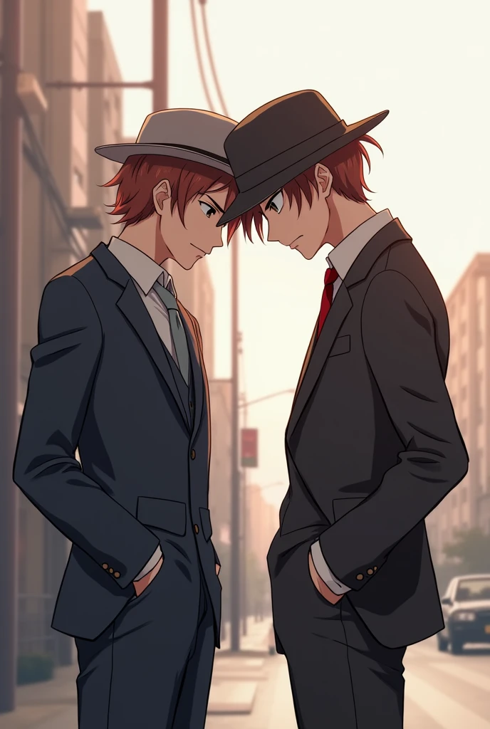 crie uma imagem do Chuuya nakahara de Bungo stray dogs com o Dazai osamu de Bungo stray dogs, kissing. Dazai is putting his hat on Chuuya with a loving look. Make it as similar as possible to the anime. 