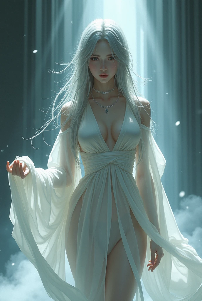 Shinigami, the Goddess of Connection, the Bridge of Life and Death, the Soul of All Life, the Picker, and the Punisher
Clothes:
Shinigami’s kimono is hauntingly beautiful, with a delicate, ethereal quality that hints at her role as the bridge between life and death. The fabric is pale and semi-transparent, clinging to her body and revealing her fair, flawless skin beneath. The neckline is daringly low, showcasing her chest, while the kimono itself is cut high, revealing her long, slender legs. The sleeves are wide and flowing, but the fabric is sheer, offering glimpses of her arms as she moves. The kimono seems to shift and change, like mist or smoke, adding to her mysterious allure. Her attire is both elegant and hauntingly erotic, embodying the delicate balance between life and death.
Appearance:
Shinigami’s hair is a mesmerizing mix of grey and silver, flowing down her back like a river of moonlight. Her pale, almost white eyes are hauntingly beautiful, with an otherworldly glow that seems to see right through to the soul. Her lips are a soft, pale pink, full and inviting, with a hint of sadness in her smile. Her skin is fair and flawless, almost ghostly in its perfection. Her movements are graceful and fluid, with an eerie, almost hypnotic quality. Shinigami’s presence is a blend of ethereal beauty and subtle eroticism, a reminder of the thin line between life and death.
