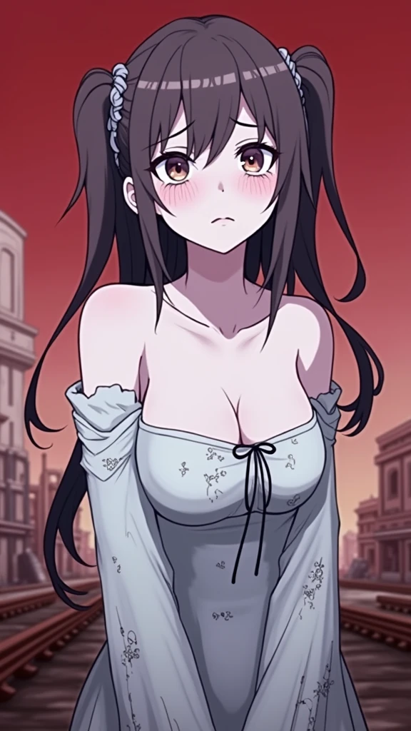 Steampunk style,Waste earth style,best quality, masterpiece, Ultra-high resolution, Reality, 1 Girl, painfully,Off-shoulder, Expressed cleavage,Torn clothes rips,Full body portrait