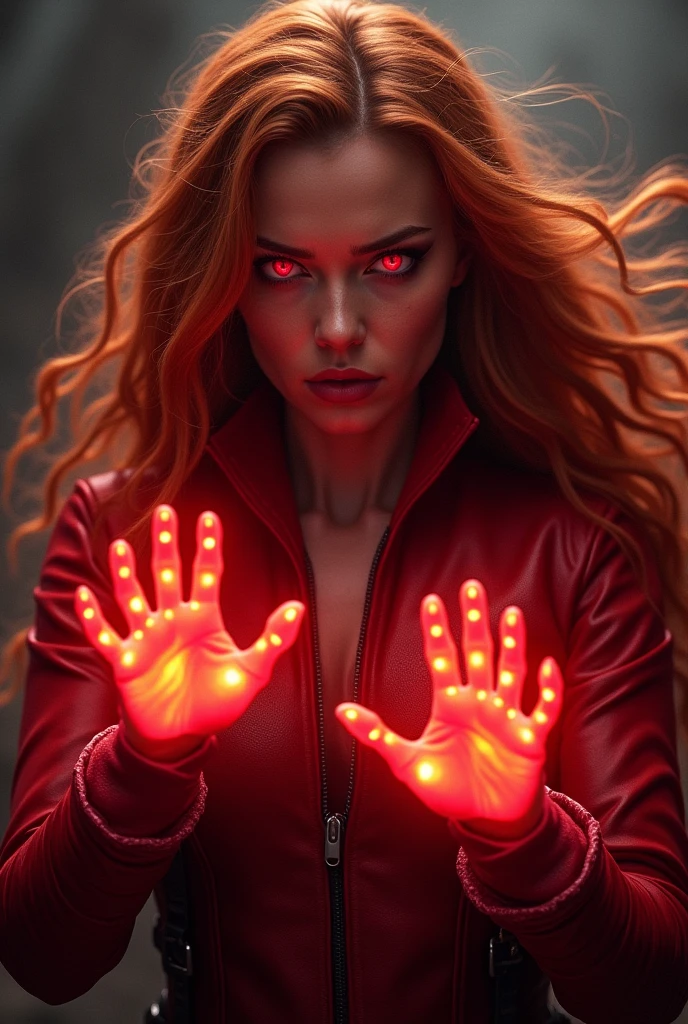 Wanda Maximoff, Red hair, , Marvel, Scarlet witch, Red orange Hair. Evil looking, high realism, wanda Vision, red eys, glowing hands, dark background