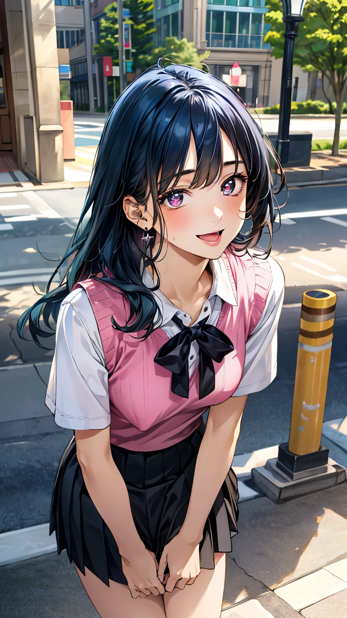 (masterpiece:1.3, top-quality, ultra high res, ultra detailed), (realistic, photorealistic:1.4), beautiful illustration, perfect lighting, natural lighting, colorful, depth of fields, surrealism,
beautiful detailed hair, beautiful detailed face, beautiful detailed eyes, beautiful clavicle, beautiful body, beautiful chest, beautiful thigh, beautiful legs, beautiful fingers, shiny skin, babyface,
looking at viewer, selfie, 1 girl, high school girl, (perfect anatomy, anatomically correct, super detailed skin), cute and symmetrical face, perfect face, perfect eyes,
(long hair, (two side up), straight hair, blue hair), bangs, blue eyes, slant eyes, big eyes, long eyelashes, (large breasts:1.2, seductive thighs), slender, outstanding style,
((detailed cloth texture, short sleeve white collared shirt, break emerald green knit vest, break shocking pink pleated skirt, break shocking pink neck ribbon), socks, shocking pink loafer),
(beautiful scenery), evening, (downtown), (standing, leaning forward,), (heart shaped pupils, :3, aroused, ahegao, orgasm, in heat, naughty face, seductive smile, open mouth small),