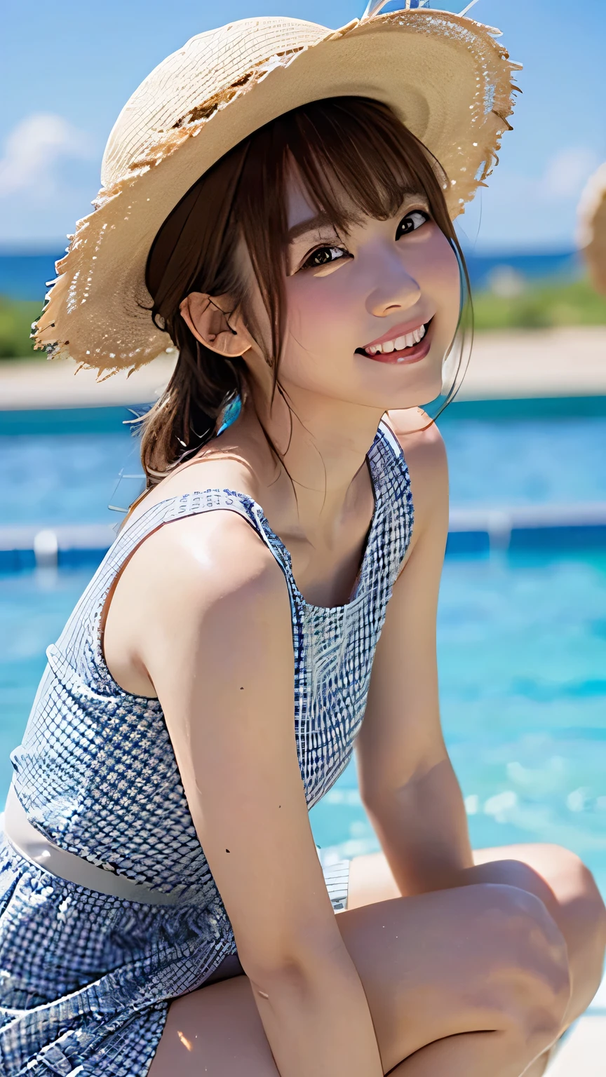 (Highest quality, taken with a DSLR, 8k, top quality, high resolution, highest quality, highest resolution, very beautiful woman, perfect anatomy), light brown eyes, very light brown eyes, small diamond-shaped earrings, looking at the camera, beautiful brown hair, ((baby face, loose and cute medium ponytail)), very short and beautiful bangs with brown hair, E-cup chest, beautiful 20-year-old, lip gloss, smiling very happily, very cute smile, upper teeth, beautiful teeth, (random summer beautiful sea or pool horizon (background only), slightly larger eyes, small face, tall supermodel, beautifully toned model, random cute poses, dynamic angle, eye focus, head tilt, very detailed and realistic, very beautiful 20-year-old, ((medium shot)), sharp jawline, ((white gingham check dress, straw hat)), deep waist, sexy legs, side view, smiling very happily, laughing, summer day