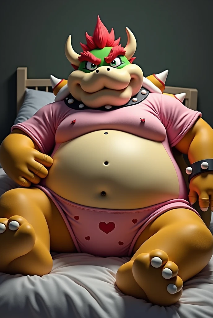 Bowser from Super Mario, Extremely obese, chubby, embarrassed, huge round belly, big moobs, heart underpants, pink tight short sleeves t-shirt, laying on a bed, one hand on the belly
