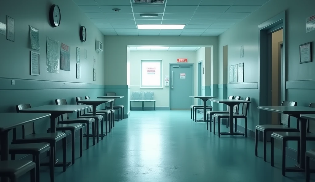 Empty tables and chairs, no one sitting in front of the nurse's room in the hospital.