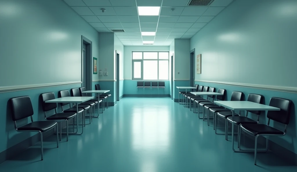 Empty tables and chairs, no one sitting in front of the nurse&#39;s room in the hospital.