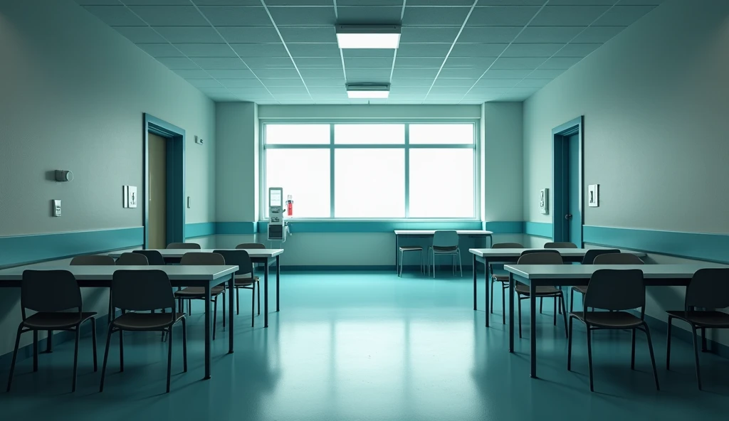 Empty tables and chairs, no one sitting in front of the nurse's room in the hospital.