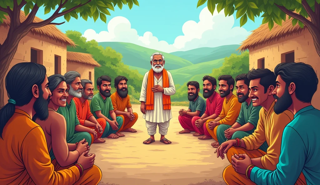 Create an cartoon image of a village sarpanch and village people there were panchayat meeting going on in village