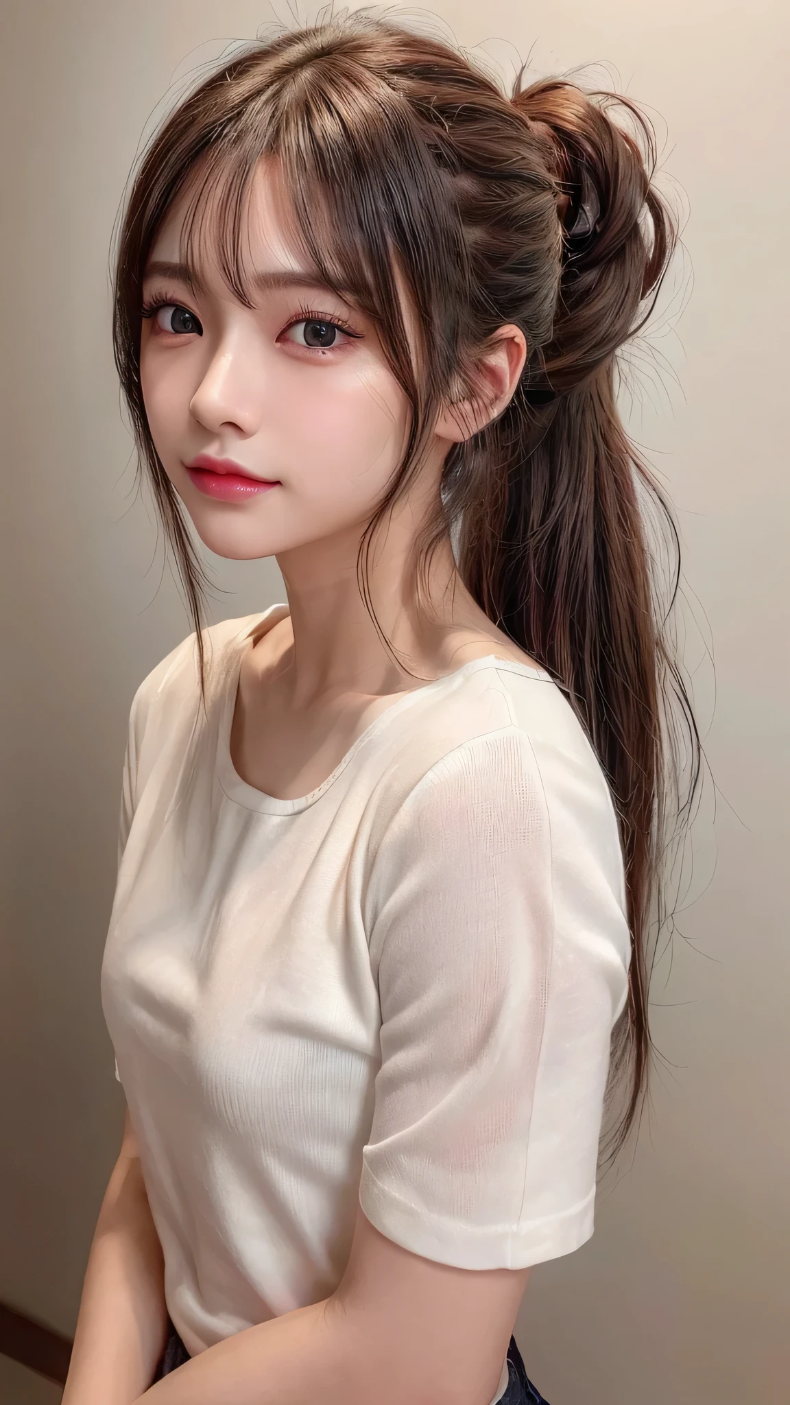 Full body shot,White T-shirt,Half pants,Stand straight ahead,Background is black wall wall,Ultra-detailed, finely detail, hight resolution, 8K Wallpaper, Perfect dynamic composition, Beautiful detailed eyes,,Close-up of face,,Blushing,Facing forward,Long hair ponytail,((8k, Raw photo, Best Quality, Mastepiece:1.2), (Realism, Photorealistic:1.4), (Highly detailed 8K wallpapers), Depth of written boundary, Cinematic Lighting, Soft Light, Detailed Beauty Eye,Shiny and smooth light brown ponytail, Asymmetrical bangs, Shiny skin, Ultra-detailed skins ,It is high resolution., High detail, Detailed hairstyle, Detailed facial beauty, Hyper-realistic, Perfect limbs, Perfect Anatomy ,Of Japanese,Famous Japanese Idols, Perfect female body,A shy smile,Short eyelashes,Double-edged eyelids,Look straight here,Hair style: ponytail,
