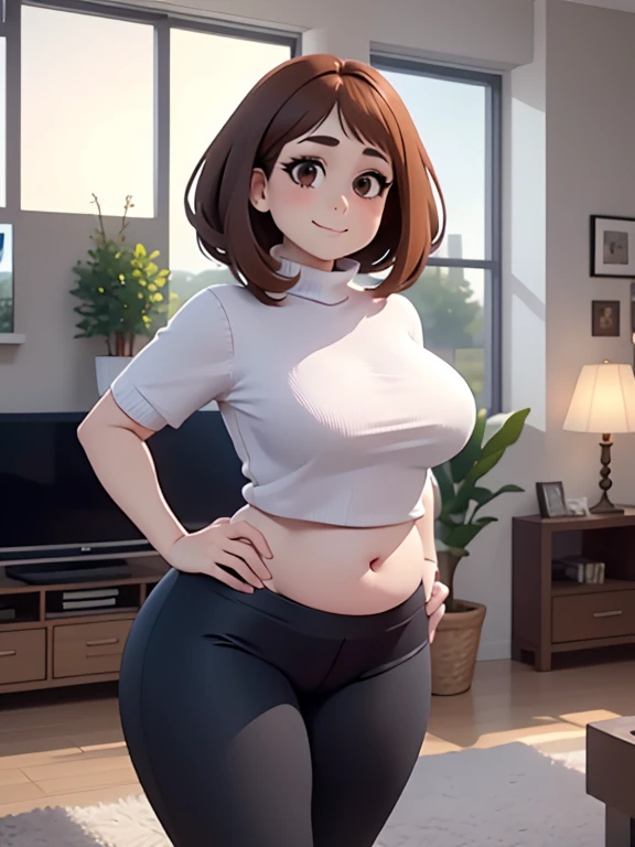 high quality, best quality, beautiful, perfect lighting, detailed face, mature face, ((1girl)), ((solo)), Imagine Ochaco Uraraka as an milf, 45yo, short brown hair, brown eyes, ((blush)), smile, looking at viewer, black leggings, turtleneck sweater, ((medium breasts), wide hips, thick thighs, plump figure, love handles, muffin-top, round belly, protruding gut, living room, hands on hips,
