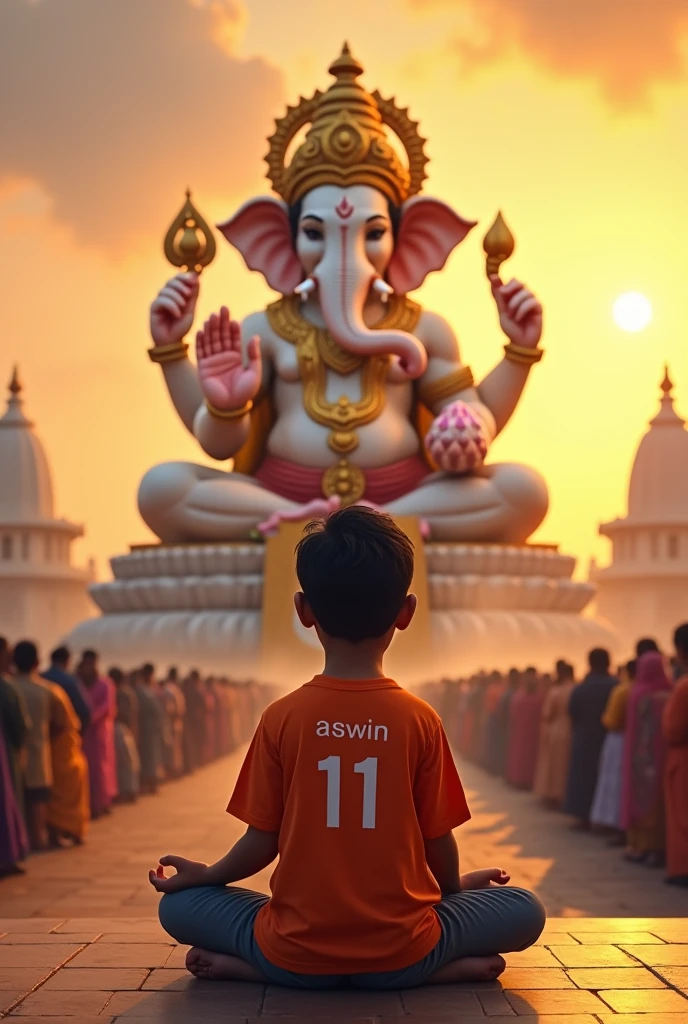 The image portrays a young boy, wearing an orange shirt with the number "11" and the word "ASWIN " on the back, sitting in a meditative pose before a grand statue of Lord Ganesha. The setting appears to be a temple, with a large crowd of devotees in the background, also engaged in prayer.
The statue of Ganesha is adorned with intricate details and vibrant colors, and the deity is holding a lotus flower in one hand. The sky is a warm blend of orange and yellow hues, suggesting either dawn or dusk, creating a serene and spiritual atmosphere. The overall composition of the image conveys a sense of devotion, reverence, and peace.

