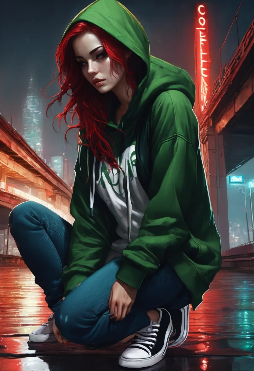 (good quality), (many details), (masterpiece), style of Charlie Bowater, crazy street artist, hoddie in green, hood up, spray can in hand, under a bridge at night, jeans, red tangled hair, broken clothes,