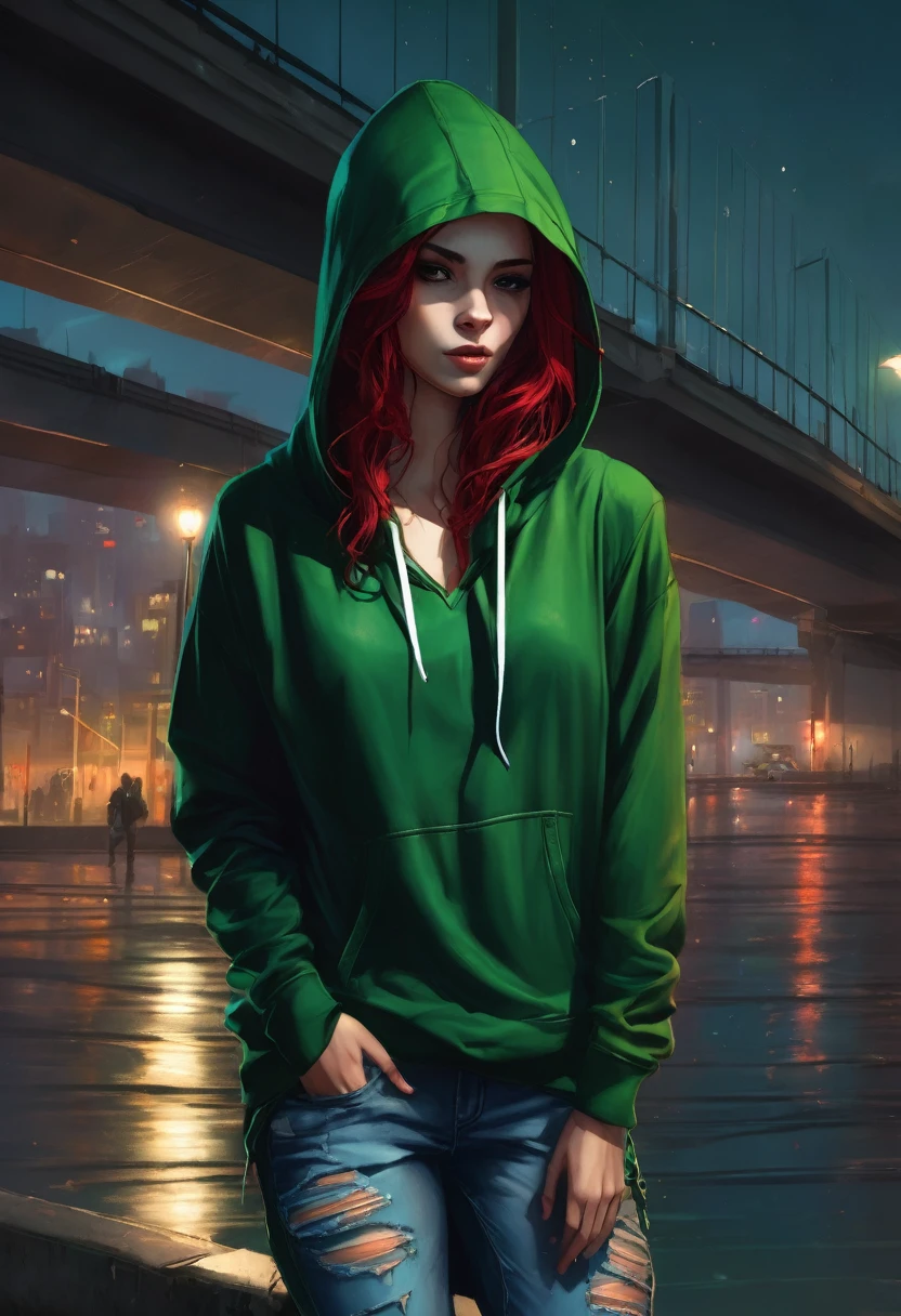 (good quality), (many details), (masterpiece), style of Charlie Bowater, crazy street artist, hoddie in green, hood up, spray can in hand, under a bridge at night, jeans, red tangled hair, broken clothes,