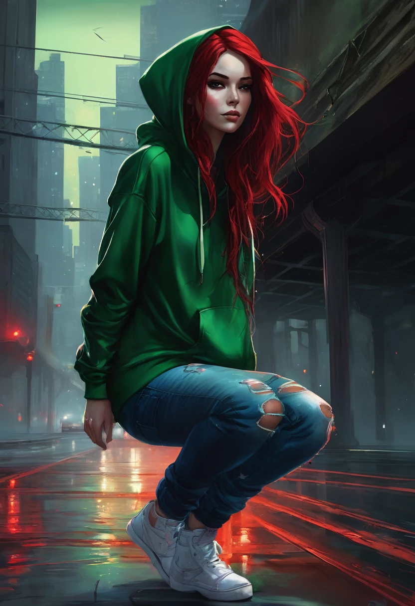 (good quality), (many details), (masterpiece), style of Charlie Bowater, crazy street artist, hoddie in green, hood up, spray can in hand, under a bridge at night, jeans, red tangled hair, broken clothes,