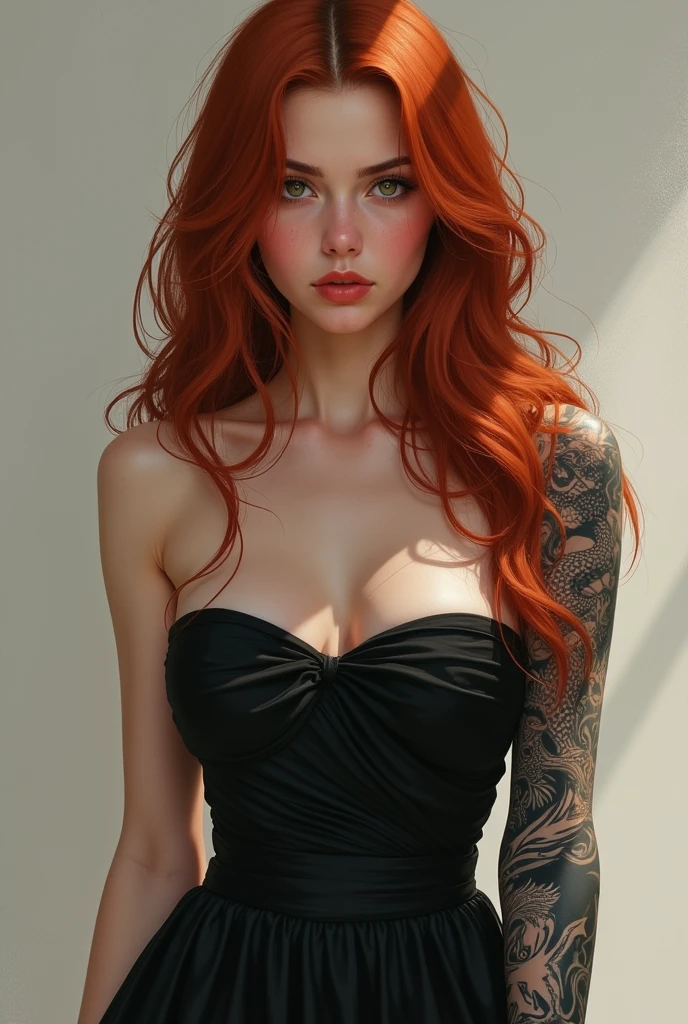 A girl wearing a black strapless dress with a long wavy red hair and a dragon tattoo on her right arms portrait