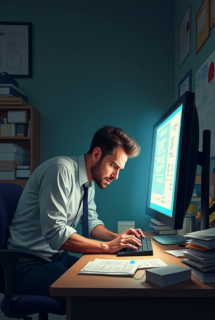 man working on a computer with a lot of work to do
