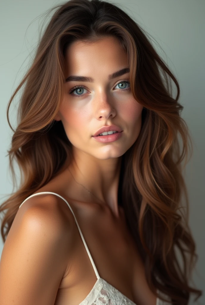 beautiful women with brown hair, blue eyes, standing and looking at the camera