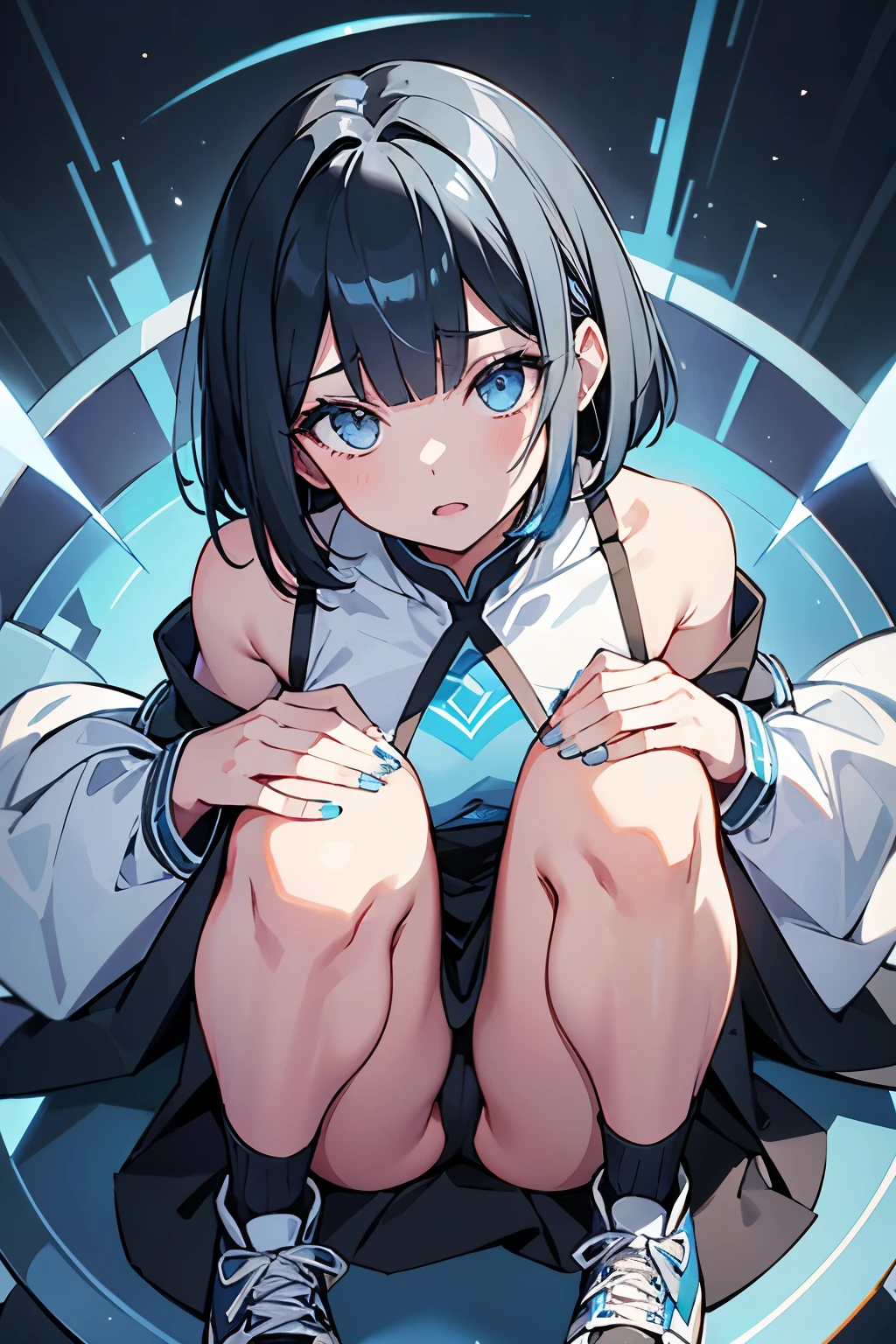 Above shoulder bob hair、Trimmed bangs、whole body、Light blue inner color、Black hair color、Slanted Eyes、Silver Eyes、Double teeth、blue china dress, Black platform sneakers、whole body図、One Woman、Character portrait 、Poses that accentuate the chest、Thighs、NSFW