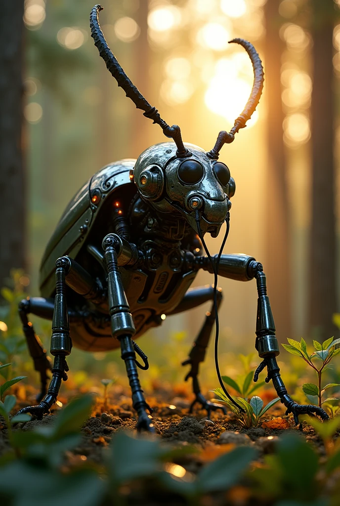 A beetle in cyborg glossy costume standing in a forest at sunset