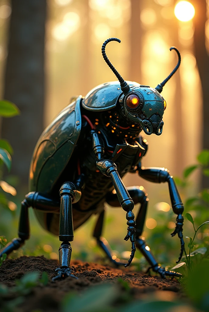 A beetle in cyborg glossy costume standing in a forest at sunset
