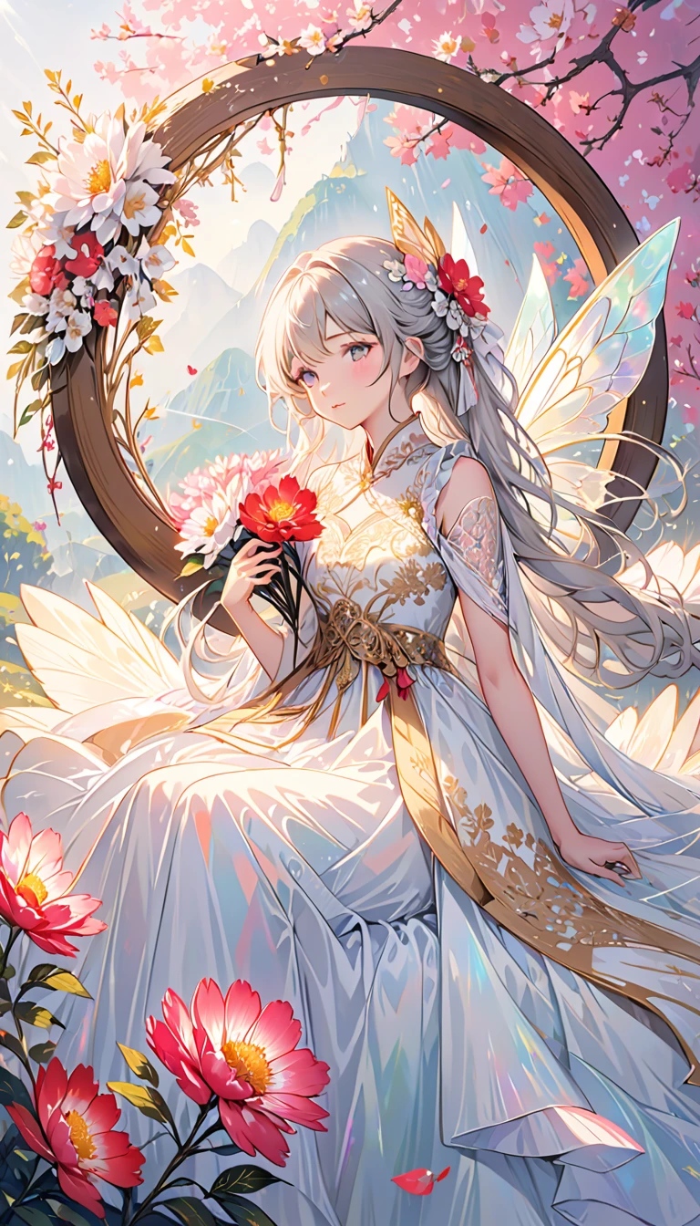 A stunning girl with long, wavy light silver hair sitting in a dress is detailed with intricate patterns in white, pink, and gold, she wearing a flowing lace WHITE and gold gown adorned with intricate embroidery appearance, holding a harp like an angle. Surround the figure with glittery pink and gold peonies, against a contrasting background that includes musical notes and a subtle gothic touch. Also, create a fantasy scene featuring a fairy with iridescent wings, resting on a large mushroom. The fairy should have delicate features, with flowers adorning her hair and a dress that blends into the pastel colors. Add multicolored sparkles in the background.