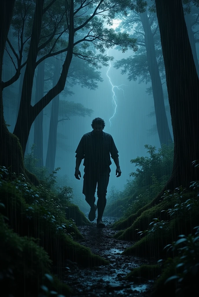 Full rain night Father finding something in forest 
