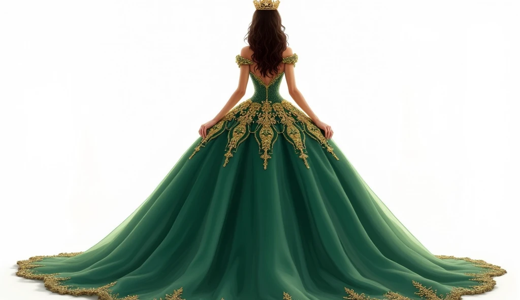 Make a majestic illustration on a white background, of a quinceañera dressed in a majestic emerald green dress with gold details. the quinceañera is facing away. The design is elaborate and elegant, with a style worthy of royalty and high society, highlighting the young woman's social status. The dress has a neckline that reveals the high back and shoulders., with gold embroidery that stands out against the green background. The skirt is wide and voluminously adorned with the same golden details.. Her hair, dark brown, It is combed in soft waves that fall over her back.. besides, She wears a golden crown that completes her royal and sophisticated look., which makes her look like a princess on her special day.