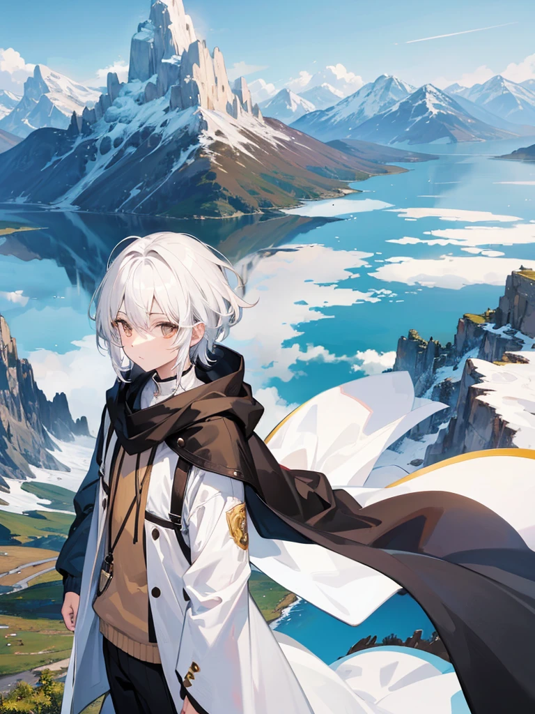 1boy, white hair, brown eyes, beautiful background, simple clothes, mountain