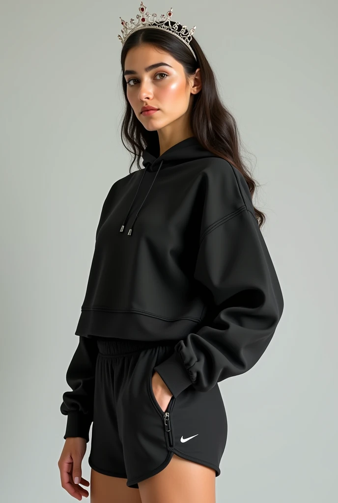 Reine turc en sweat Nike futura sportwear club noir et minishort ultra court Nike noir elle porte une couronne sur la tête et elle est très féminine