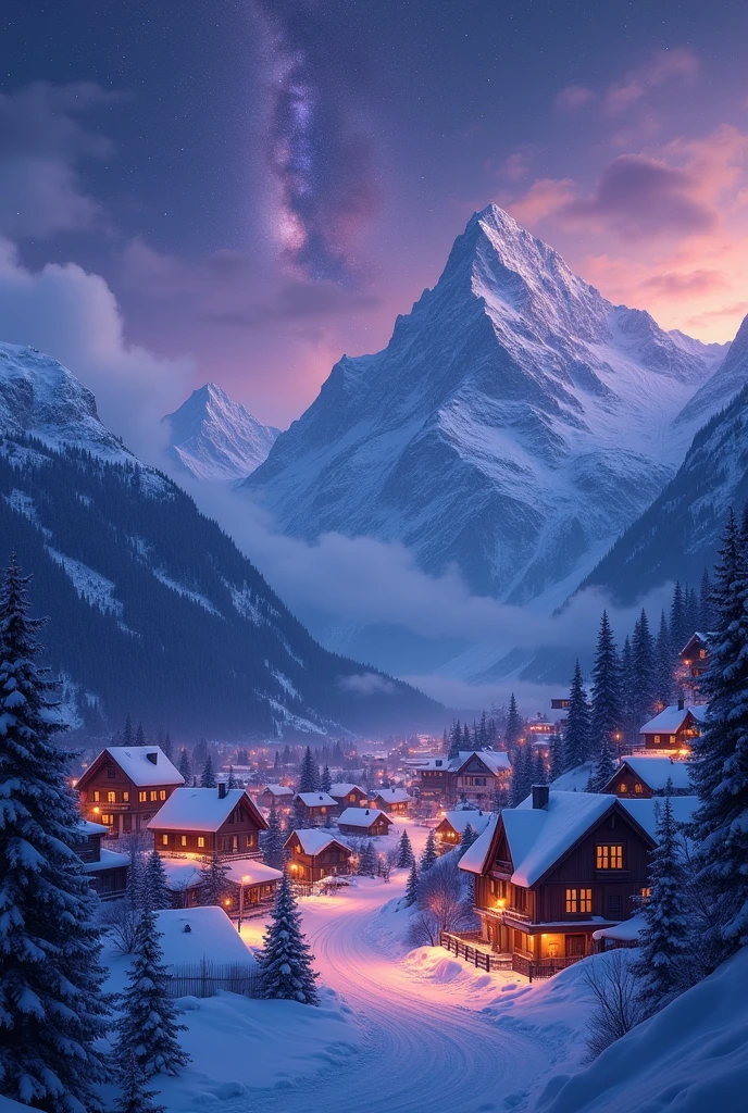 A city in Switzerland mountains, with illuminated cabins and houses, purple sky with star shower
