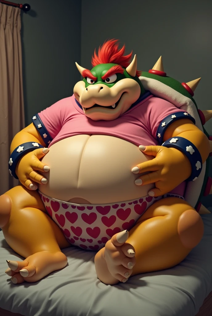 Bowser from Super Mario, Extremely obese, chubby, embarrassed, huge round belly, big moobs, heart underpants, pink tight short sleeves t-shirt, laying on a bed, one hand on the belly
