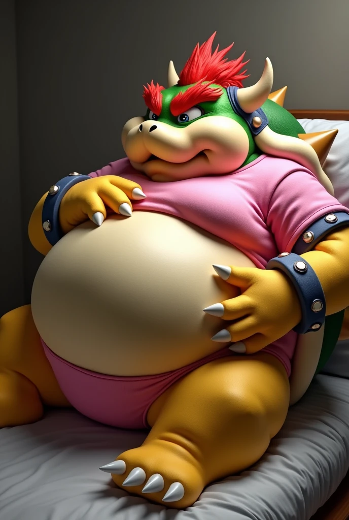 Bowser from Super Mario, Extremely obese, chubby, embarrassed, huge round belly, big moobs, heart underpants, pink tight short sleeves t-shirt, laying on a bed, one hand on the belly
