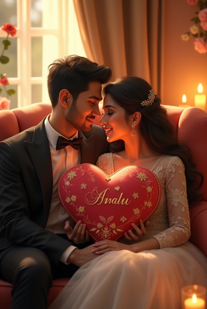 Wedding couples sitting on sofa with giving heart peellow in that name of 'Sanju' and '
Sonam'