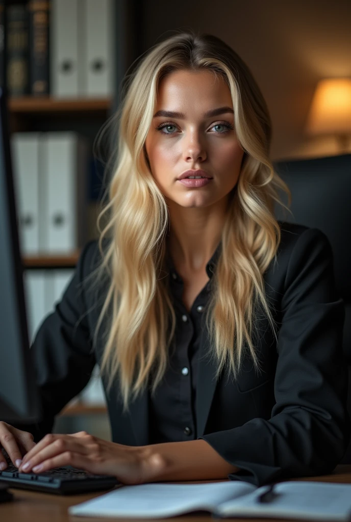 Beautiful girl with long blonde hair, Detailed eyes, nose, And lips, Wear professional attire, sitting in her office, Using a computer, hp computer (Highest quality,4K,8k,High resolution,masterpiece:1.2),Very detailed,(Realistic,photoRealistic,photo-Realistic:1.37),High resolution,Studio Lighting,Very detailed顔と体, Portraiture,Cinema Lighting,Dramatic lighting,Warm tones,Dramatic colors