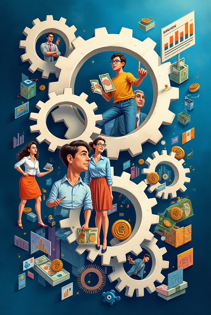 Create a three-dimensional gear Circles and squares, currencies, coins, banknotes, graphs and many images of businessmen and businesswomen. Using watercolor and mixed media, bright colors are used. The light source is in the upper right corner. There are large white gears. The background is blue. --ar 2:3
