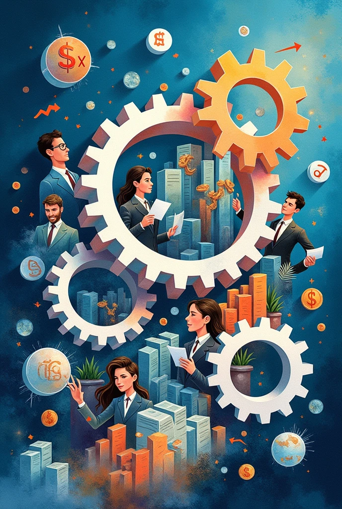 Create a three-dimensional gear Circles and squares, currencies, coins, banknotes, graphs and many images of businessmen and businesswomen. Using watercolor and mixed media, bright colors are used. The light source is in the upper right corner. There are large white gears. The background is blue. --ar 2:3