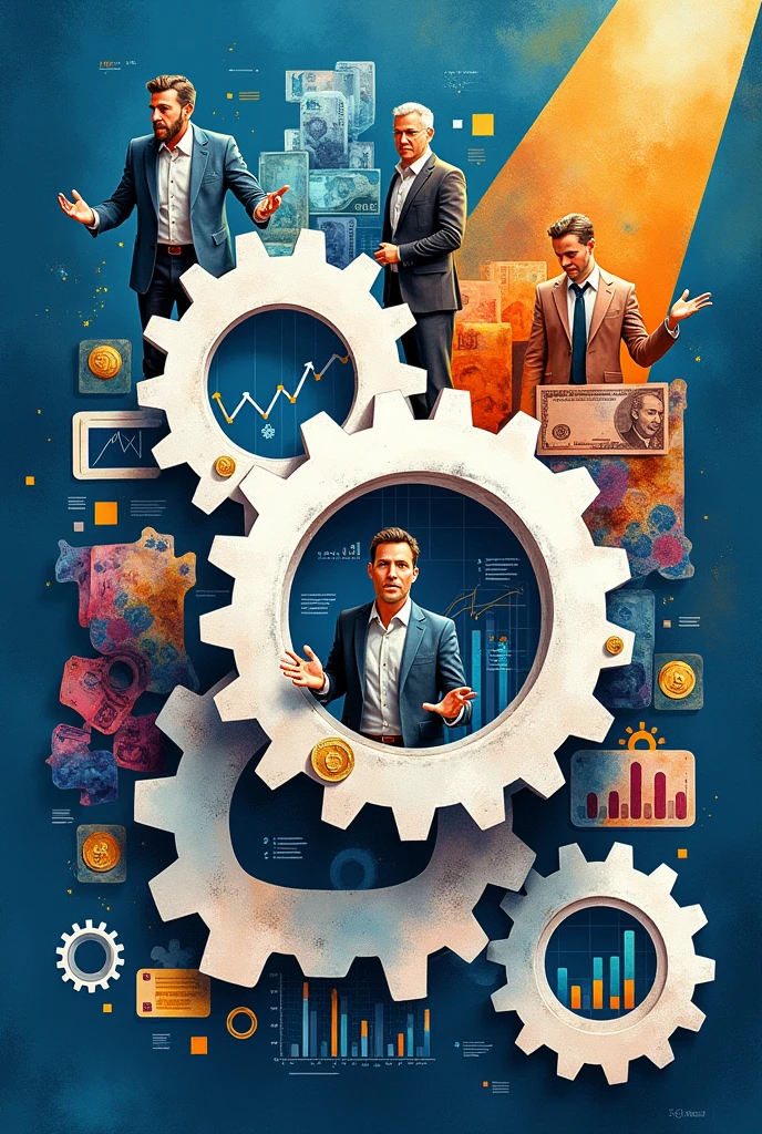 Create a three-dimensional gear Circles and squares, currencies, coins, banknotes, graphs and many images of businessmen and businesswomen. Using watercolor and mixed media, bright colors are used. The light source is in the upper right corner. There are large white gears. The background is blue. --ar 2:3