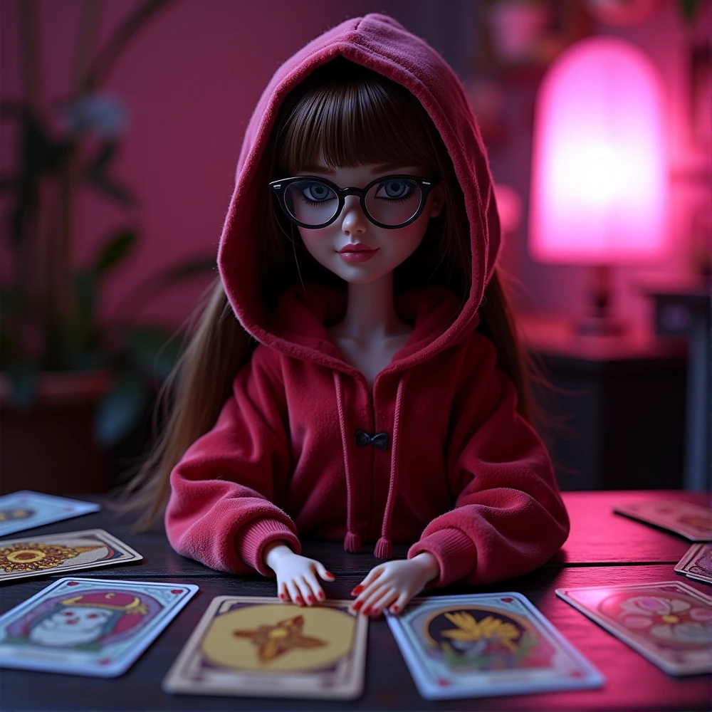 lady doll bratz in OG Big Bling Velour Hoodie , without bangs in round glasses with brown hair, in front of her on the a lot of tarot card table. There is a dark atmosphere around. There is a pink night light on the table that makes the room pink