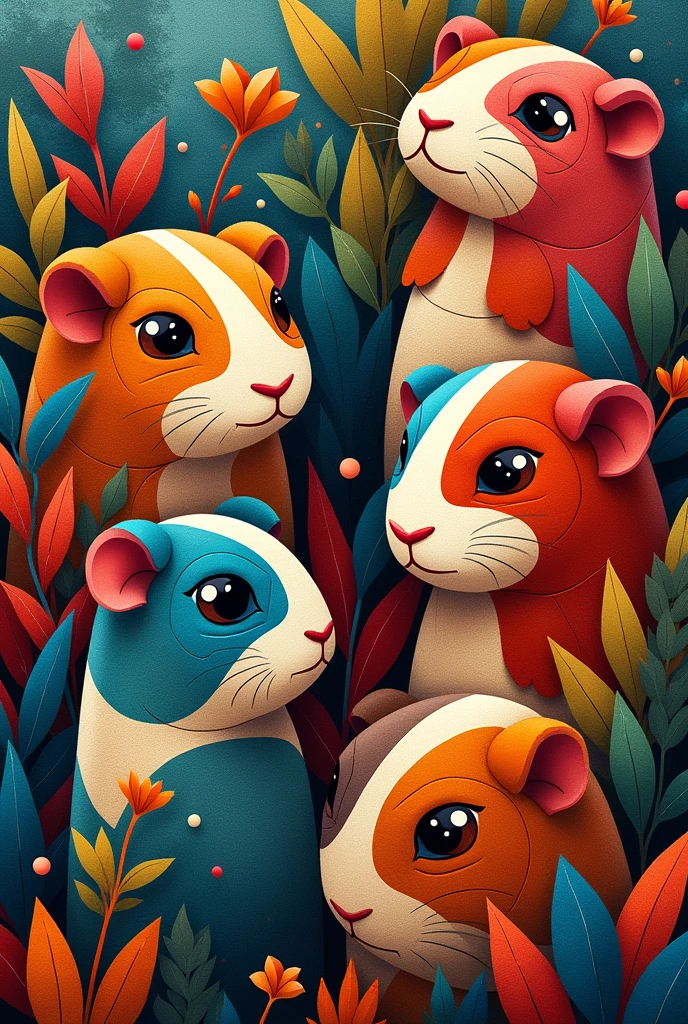 Act as a graphic designer and create a design that mixes abstract shapes of guinea pigs, Pre-Columbian masks and elements, creating a vibrant and colorful mosaic.