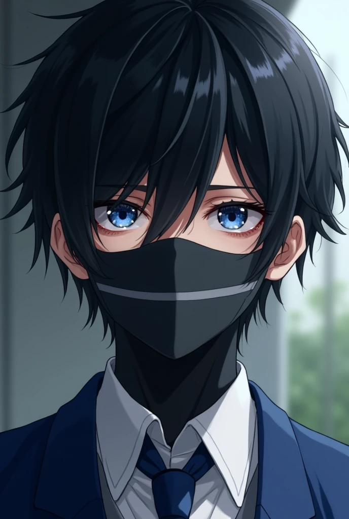 Black hair with bangs that cover his right eye. Realistic. Emo. Baby blue eyes. Handsome. Emo. A horizontal black and gray mask covering his mouth. A blue high school uniform. Handsome, but emo.