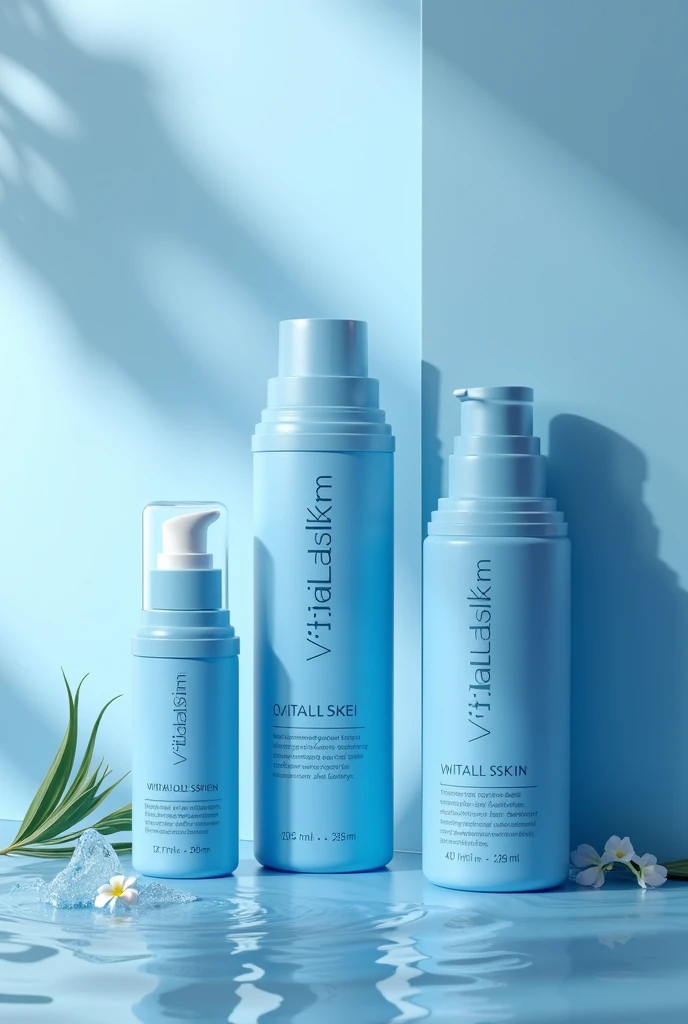 Create skin care product images with blue-themed packaging, for our vitalskin brand