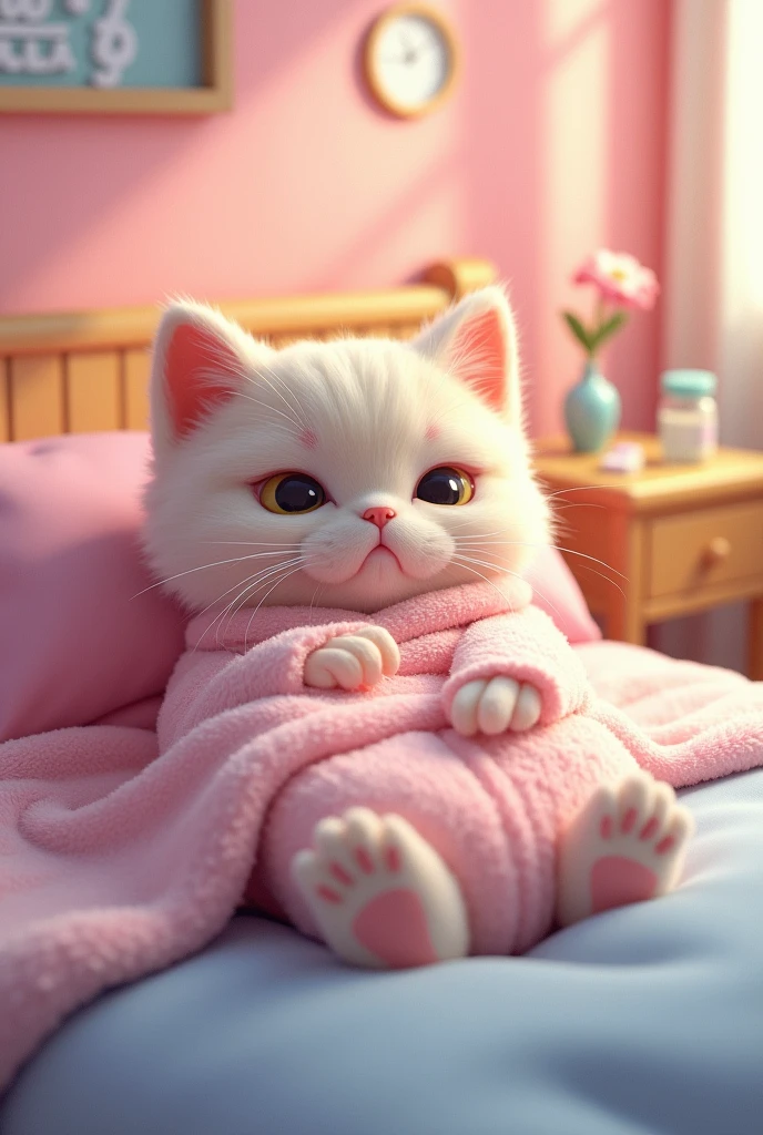 AI cat lying on the bed、Feeling unwell due to cold、Holding a thermometer in his mouth、Wearing fluffy, warm loungewear、Wrapped in a soft blanket、weak々A funny expression、Big bright eyes、Geometric Design Elements、Pastel color background、Water and medicine on the nightstand、Digital Art Style、High resolution
