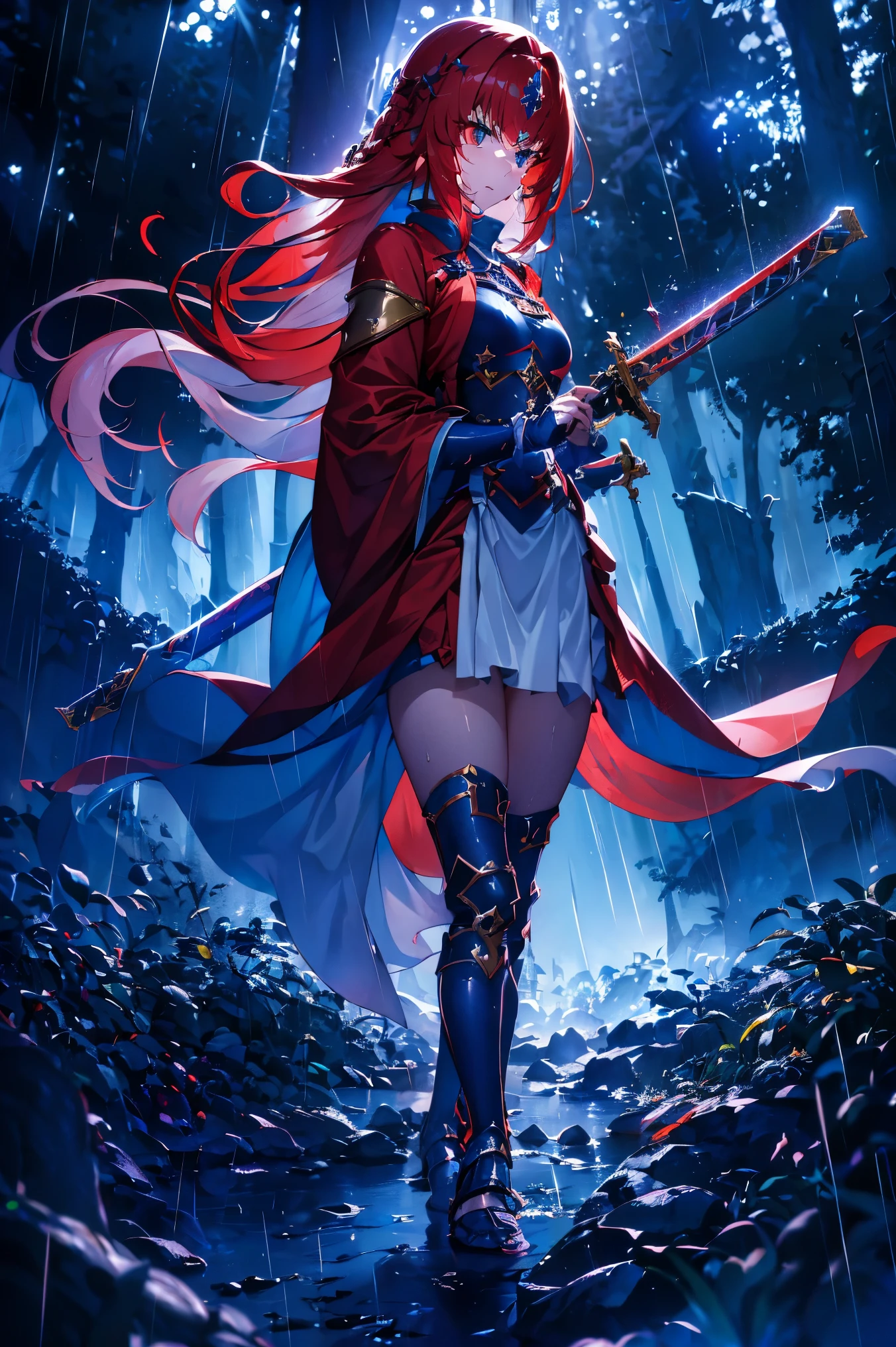 alice zuberg, uhd, 4k, textured skin, good quality, High details, masterpiece, best quality, (Amazingly absurd:1.2), (masterpiece:1.2), 1 Girl, battoujutsu , evil laugh, not looking at viewer, Kimono, standing, looking in the distance, dynamische pose:1.5, evil smirking, glowing red eyes, very long hair, shiny hair , fullbody, two colored hair, hair ornament, glowing dress, black knee socks, Kawaiitech, soft colours, Kawaii, Beautiful colors, studio lighting, (Rain:1.5), (dark_forest:1.5), (Night:2),